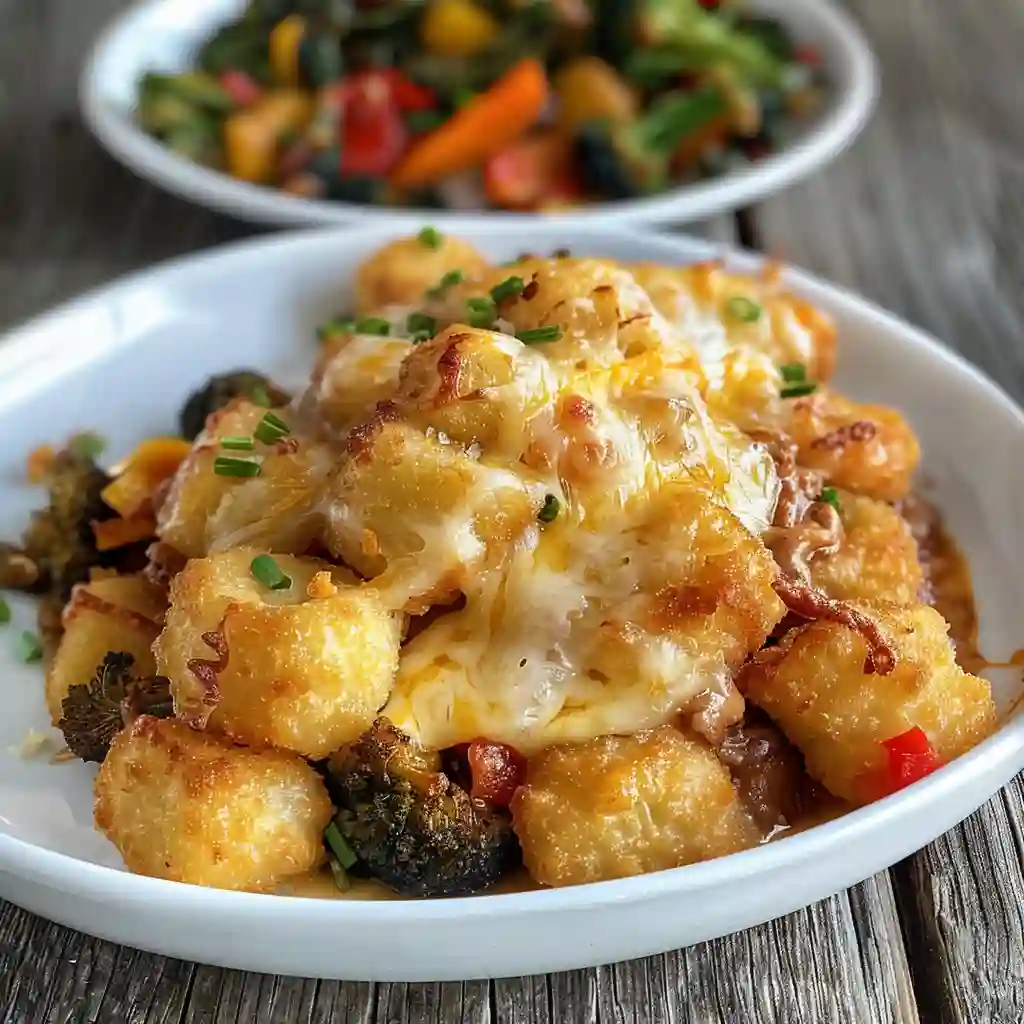High-protein tater tot casserole fresh out of the oven with golden cheese and crispy tots