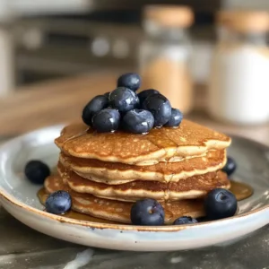 Hormone-friendly low histamine pancakes stacked high with maple syrup and blueberries on a ceramic plate