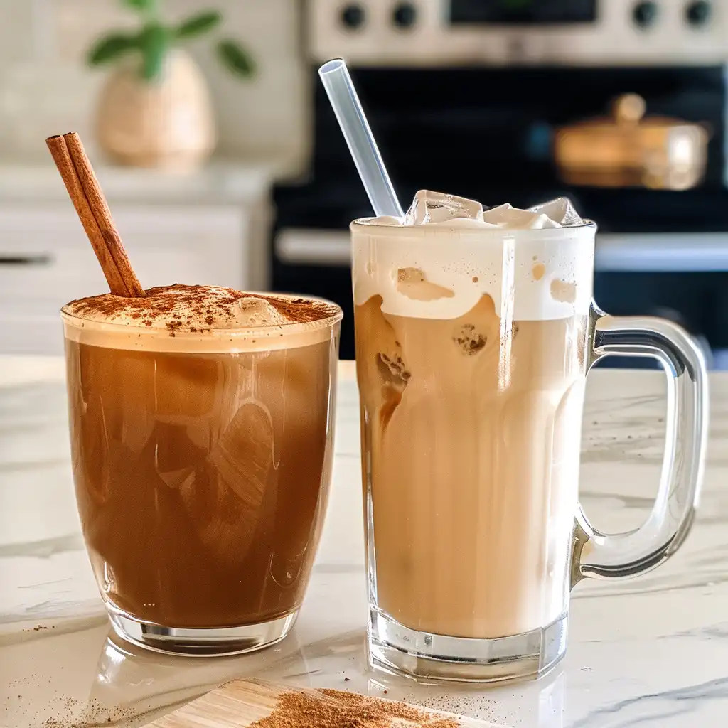 Hot proffee in a ceramic mug with cinnamon, steam rising from the surface