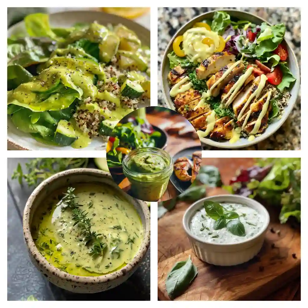 A variety of low histamine salad dressings without vinegar or dairy, served in glass jars with fresh ingredients