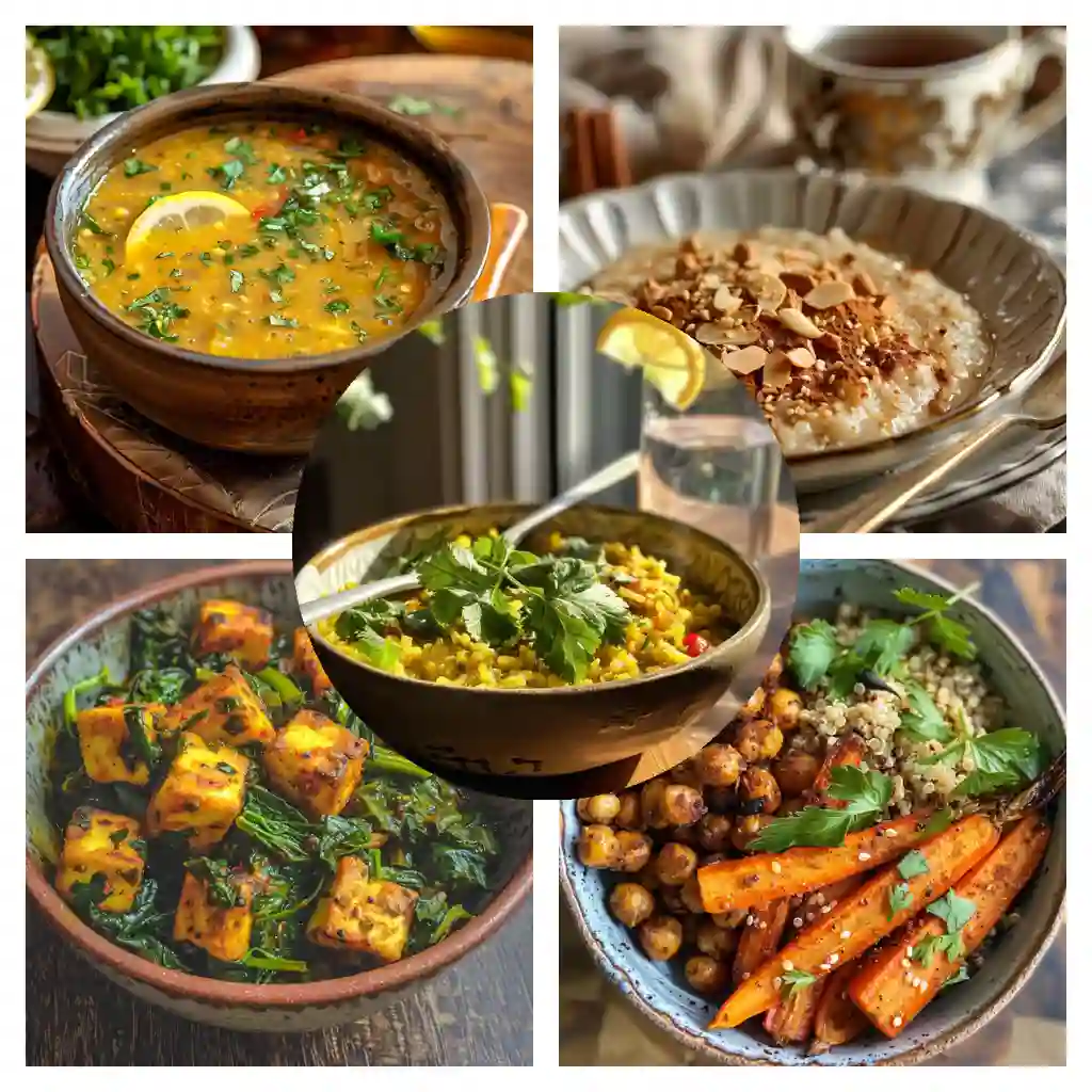 Ayurvedic high-protein recipes:Woman preparing Ayurvedic high-protein meal with lentils, herbs, and vegetables for hormone balance