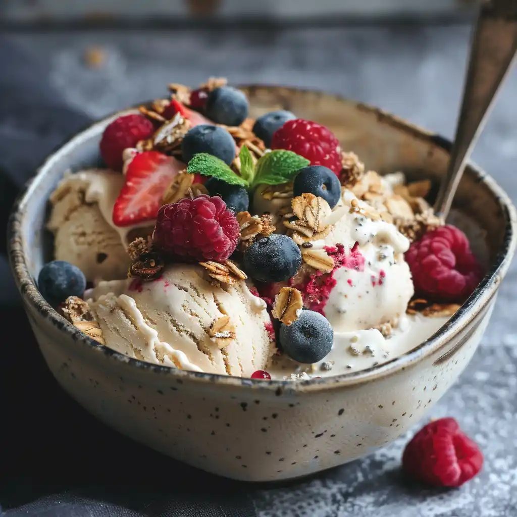 A bowl of creamy high-protein ice cream topped with fresh berries and granola, served in a rustic ceramic dish