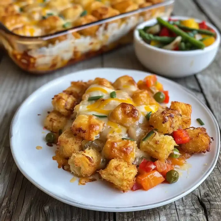 High-Protein Tater Tot Casserole (Family-Friendly, Meal Prep Ready) 3 image of cheesy tater tot casserole plated with veggies