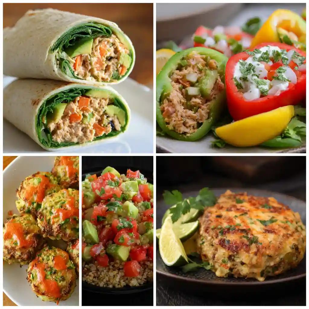 Collage of five healthy dishes arranged in a grid: tuna-stuffed bell peppers; cottage cheese veggie wraps; turkey zucchini burger patty; lentil quinoa salad bowl; and shrimp cauliflower rice stir-fry.