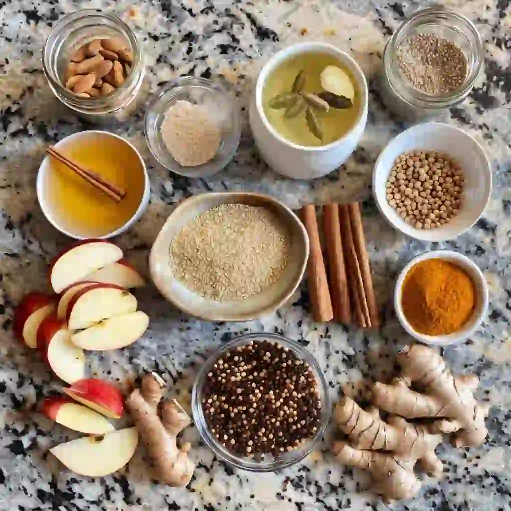 ayurvedic-quinoa-ingredients Ingredients for Ayurvedic quinoa bowl including quinoa, ghee, cardamom, cinnamon, ginger