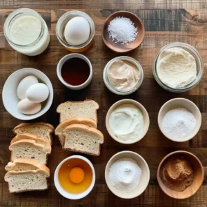 Ingredients for high protein French toast including eggs, almond milk, Greek yogurt, and protein powder