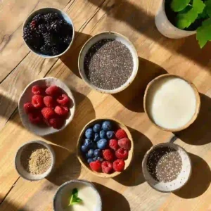 Ingredients for keto chia pudding laid out on a counter