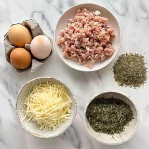 Ingredients for keto chicken crust pizza laid out on a board