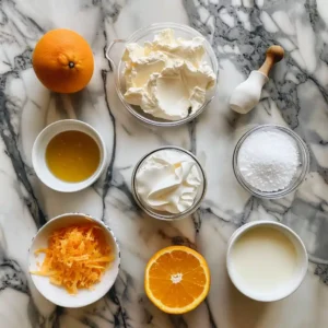 Ingredients for keto orange fluff – Greek yogurt, orange gelatin, heavy cream, sweetener, and zest