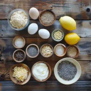 Ingredients for lemon poppy seed protein muffins including yogurt, lemon, oats, and whey
