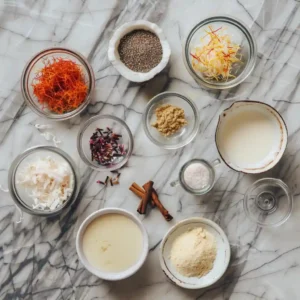 Ingredients for saffron latte bomb on wooden counter in natural light