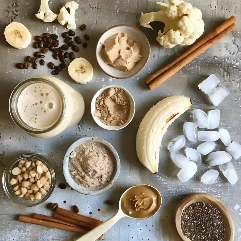 Ingredients for testosterone-boosting smoothie laid out on rustic table