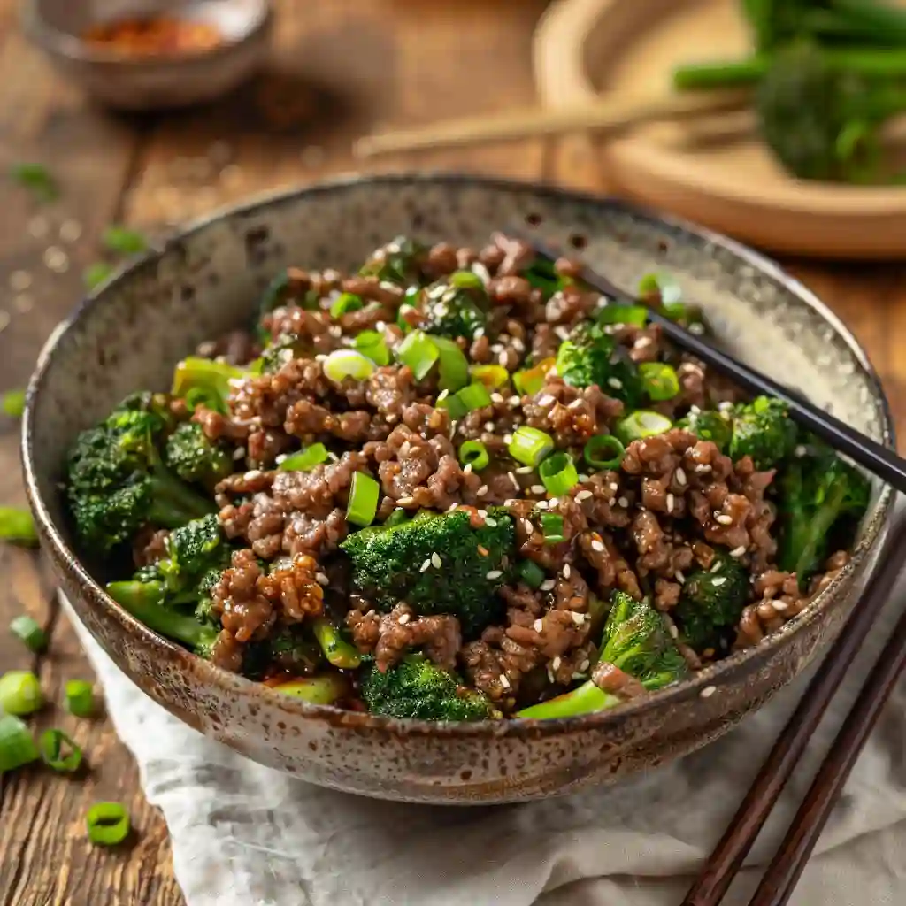 Keto beef and broccoli served on a plate with chopsticks and sesame seeds