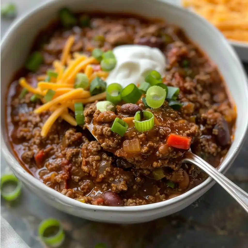 Keto chili served in a bowl with sour cream, cheddar, and green onions