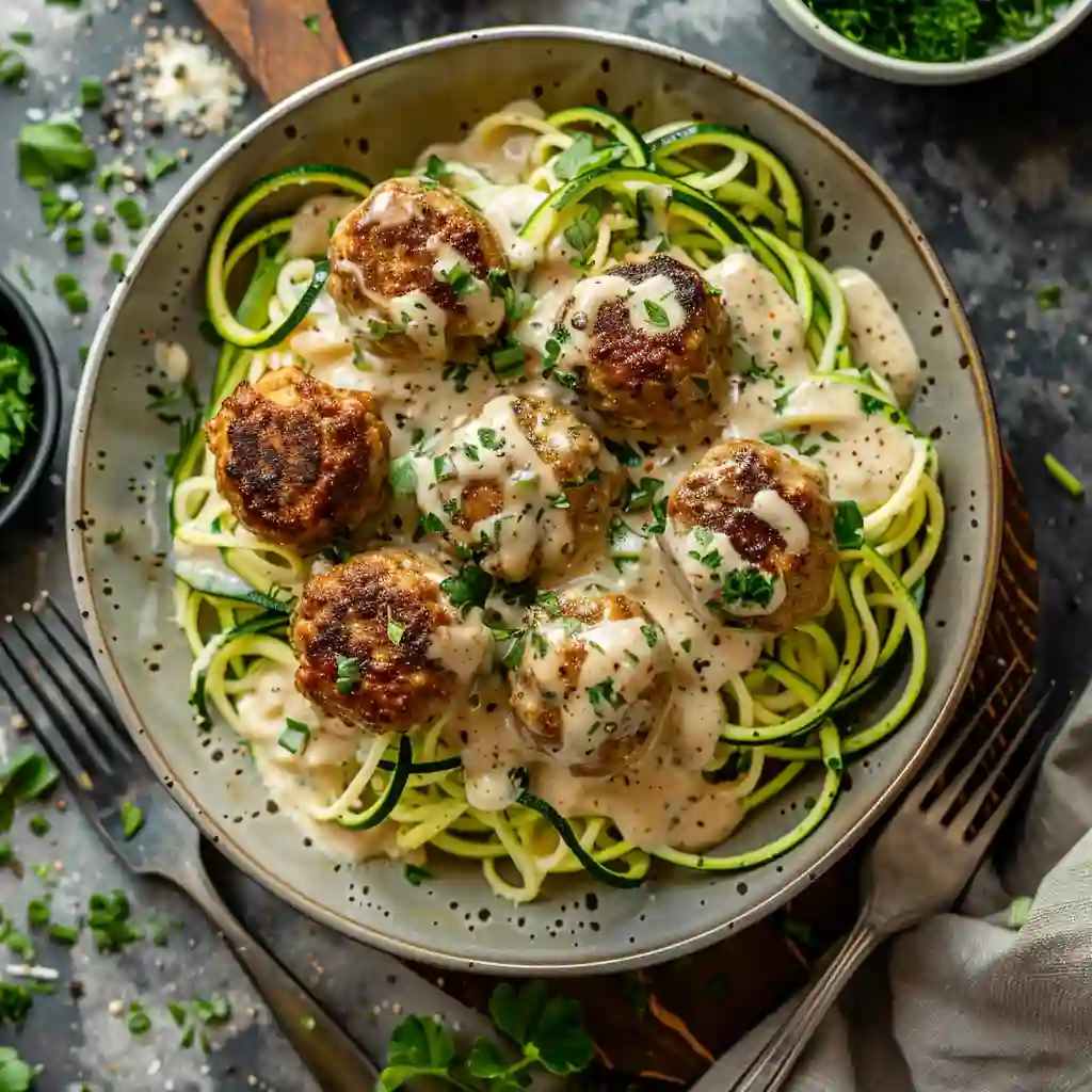 Keto meatballs served on zucchini noodles with creamy alfredo sauce