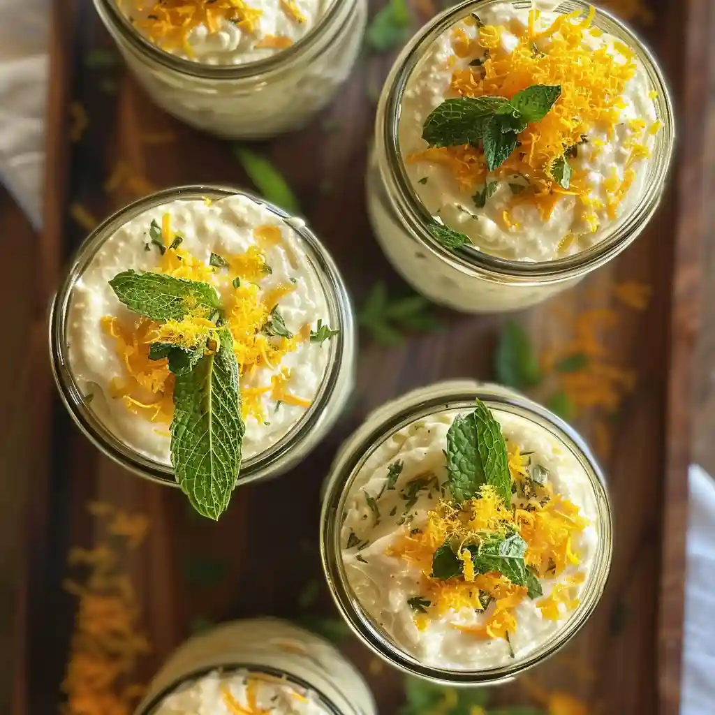 keto orange fluff with Greek yogurt served in mason jars topped with zest and mint sprig