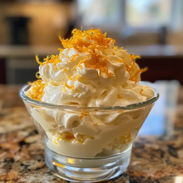 Keto orange fluff with Greek yogurt in a glass bowl, topped with zest, on a wooden table