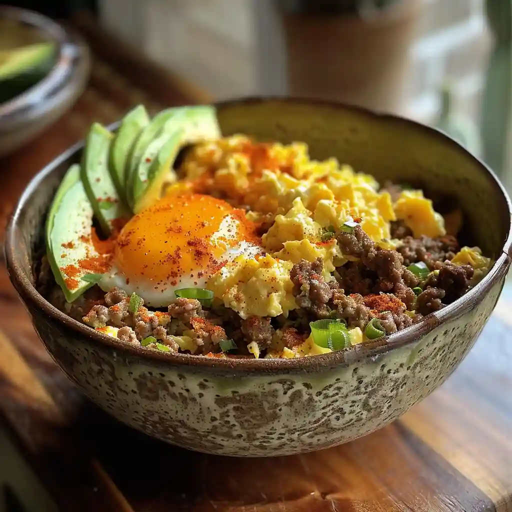 Keto scramble served with avocado slices and hot sauce on a ceramic plate