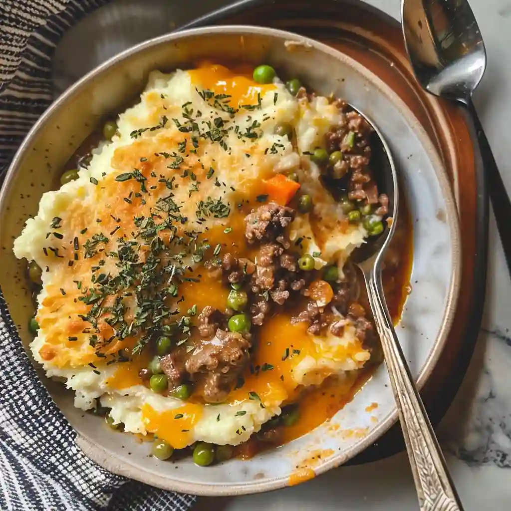 Keto shepherd’s pie served in a bowl with melted cheddar on top