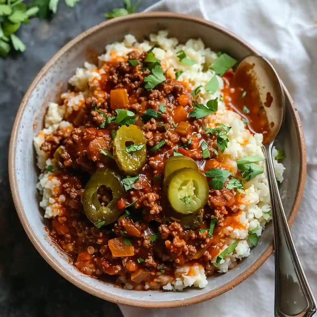Keto sloppy joe bowl plated with cauliflower rice and garnished with pickles