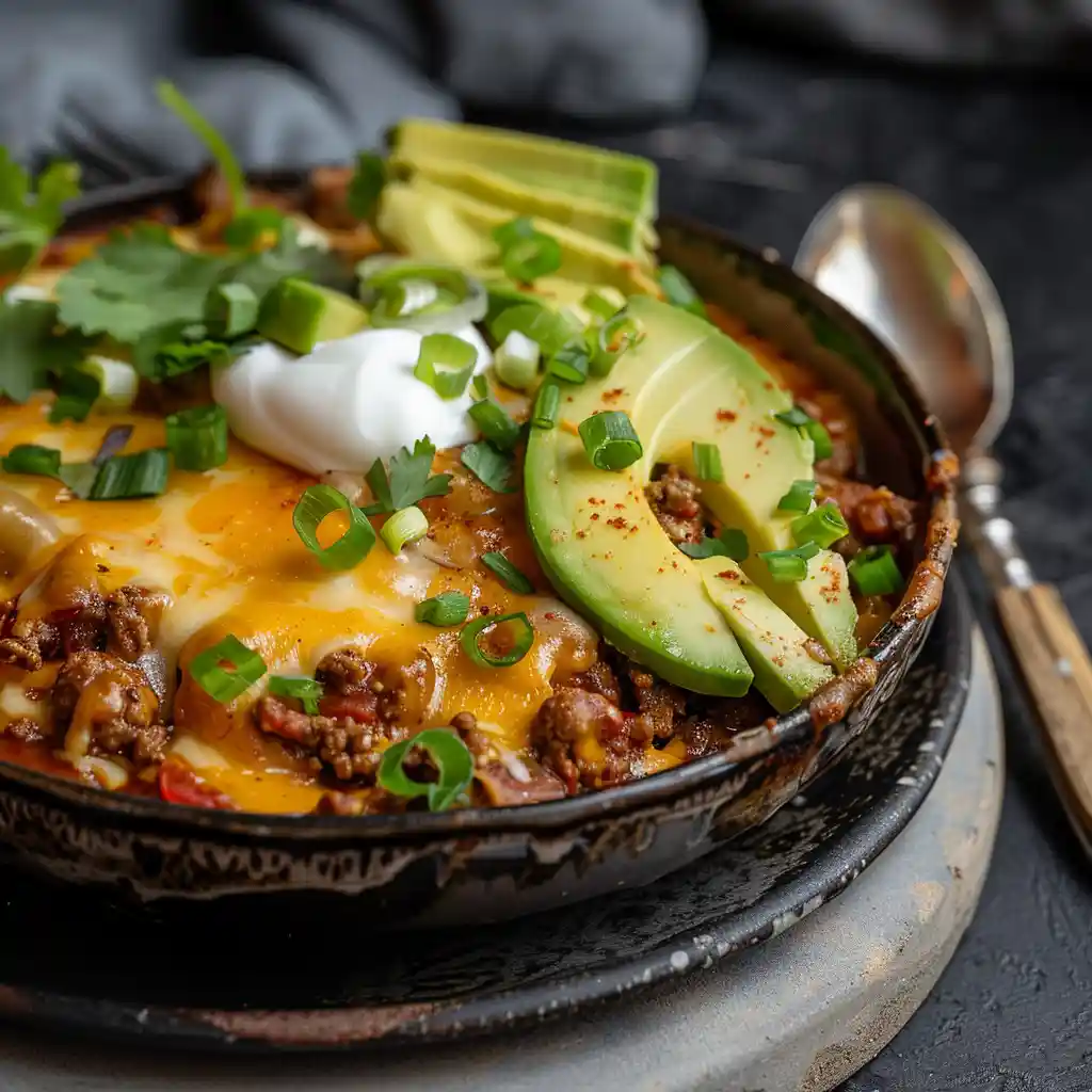 Lazy Keto Meals with Ground Beef taco skillet served in a bowl with sour cream and avocado on top