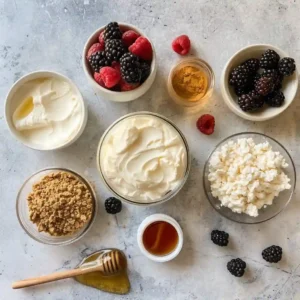 High Protein Cheesecake Jars: The Best Dessert That Fuels Your Body 7 Laid out ingredients for high protein cheesecake jars including Greek yogurt, cottage cheese, and honey