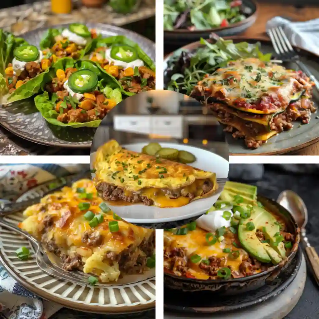 Lazy keto meals with ground beef including beef scramble, taco skillet, and cheesy casserole on a white plate