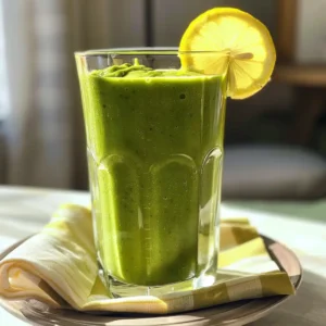 lemon ginger spinach smoothie king in a glass with fresh ingredients beside it