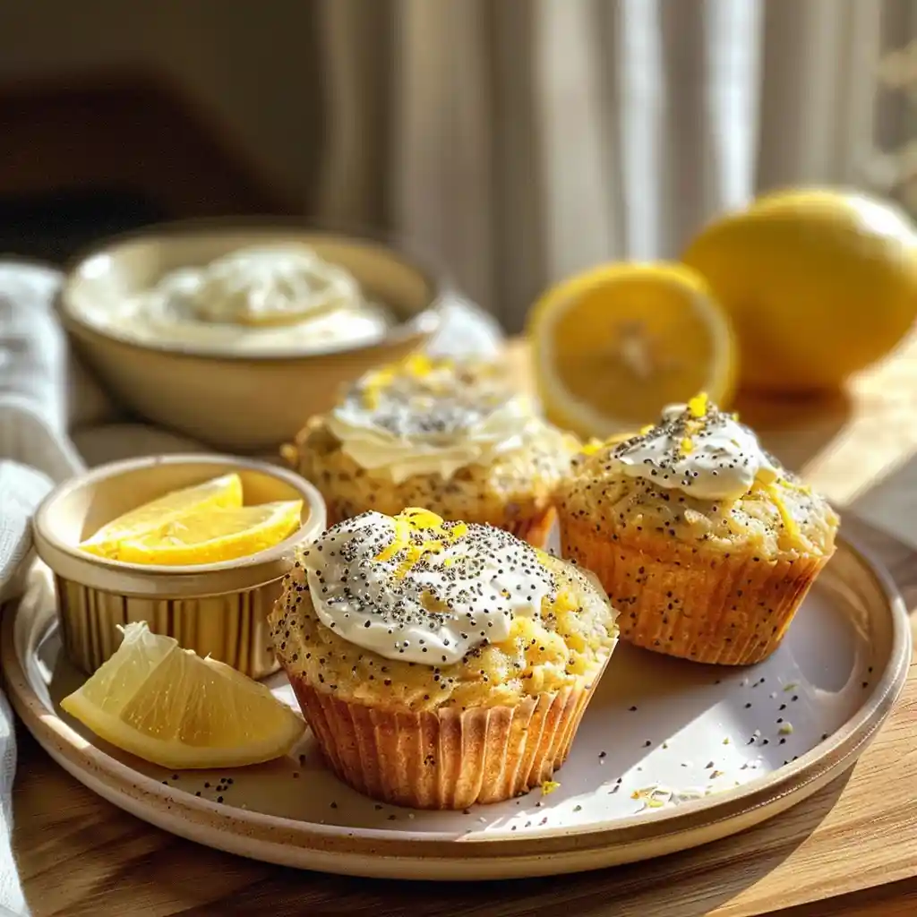 lemon-muffins-serving-plate Lemon poppy seed muffins served with yogurt and a lemon wedge on a ceramic plate