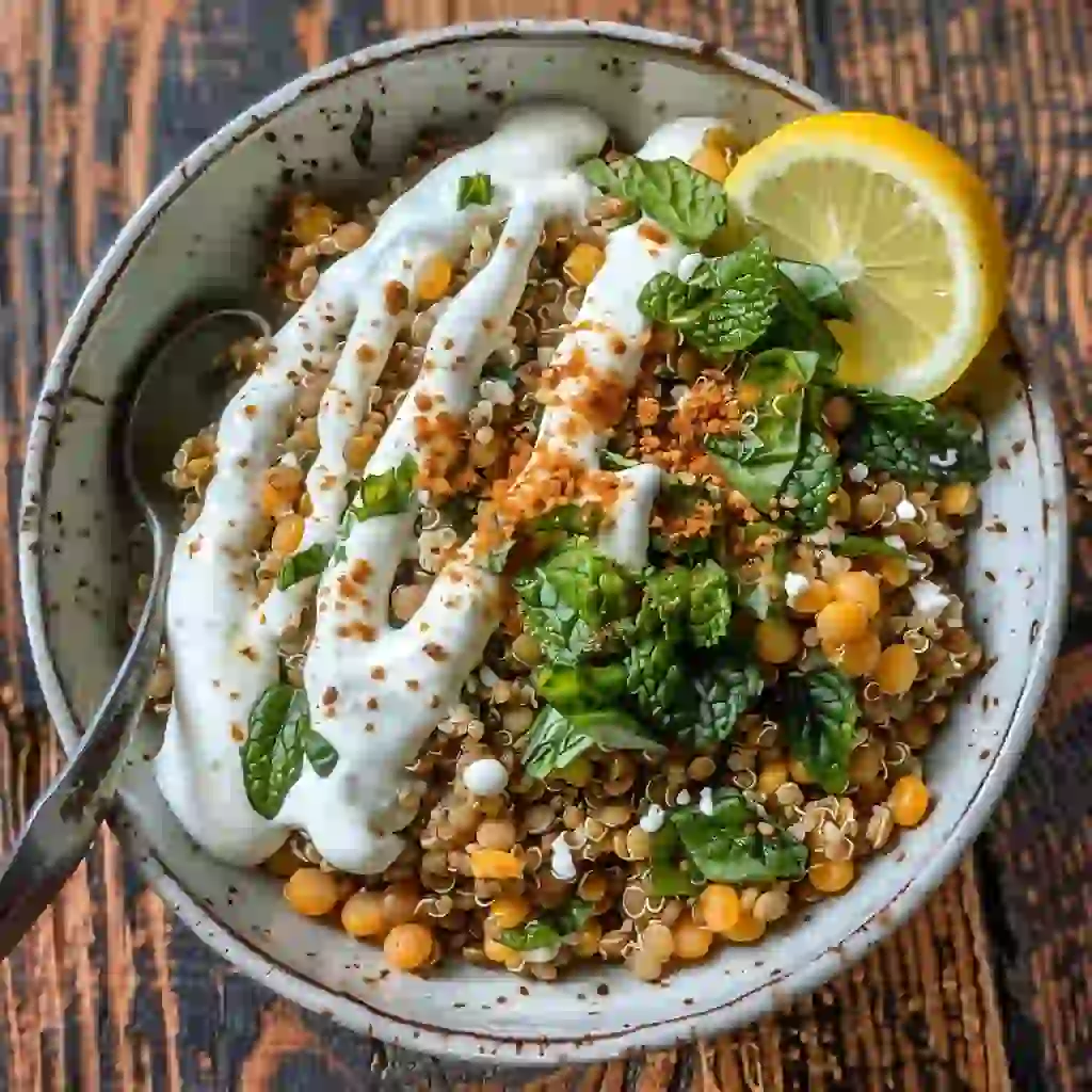lentil-bowl-serving Mounjaro-Friendly Protein-Packed Lunch Lentil quinoa bowl served with lemon wedge and yogurt dressing drizzle