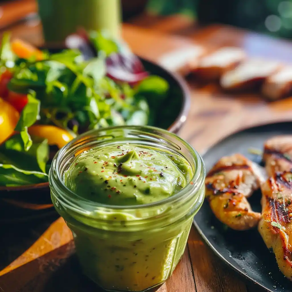avocado-dressing-serving low histamine salad dressings Avocado herb dressing drizzled over a quinoa and salad bowl