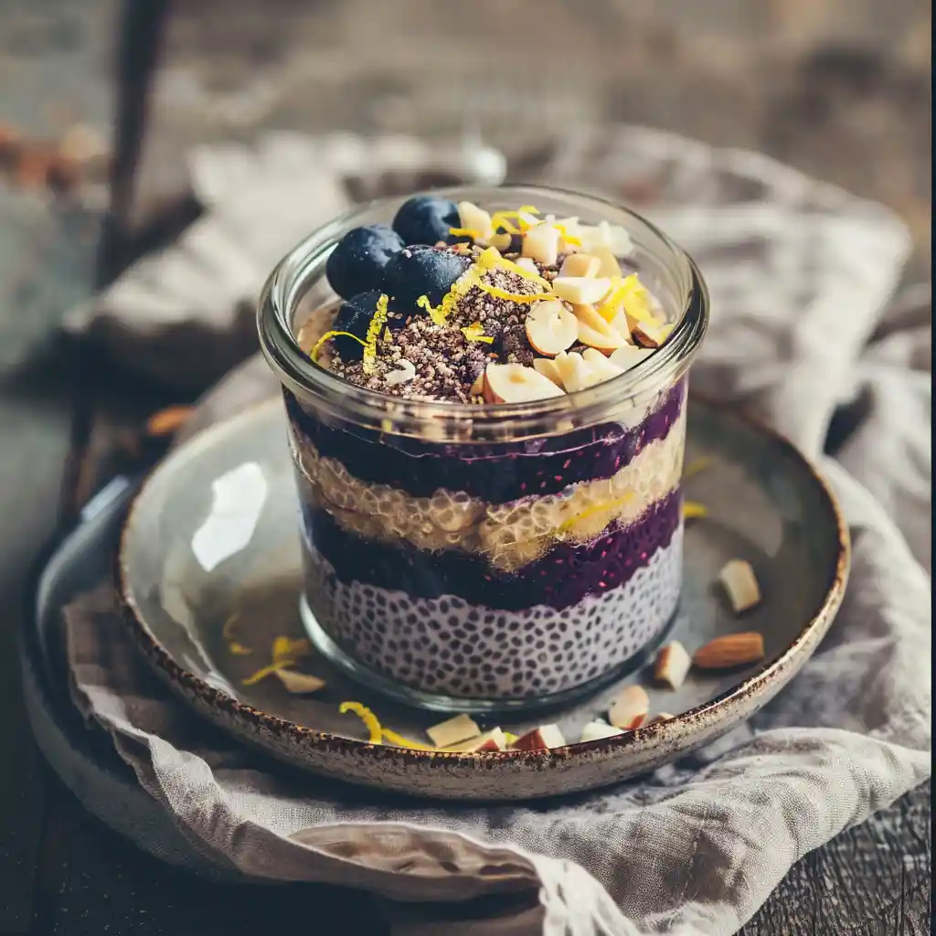 miso-chia-pudding-served Miso chia pudding topped with blueberries, lemon zest, and coconut served on a plate