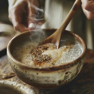 Ayurvedic Chia Pudding – A Nourishing and Balanced Start to Your Day 5 Mixing warm almond milk and spices into chia seeds – ayurvedic chia pudding preparation step