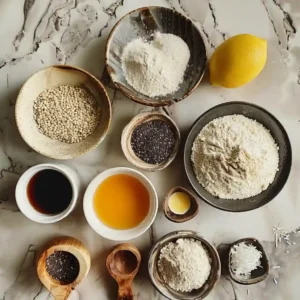 Pantry ingredients for hormone-friendly low histamine pancakes including tigernut flour, chia seeds, coconut milk, and lemon