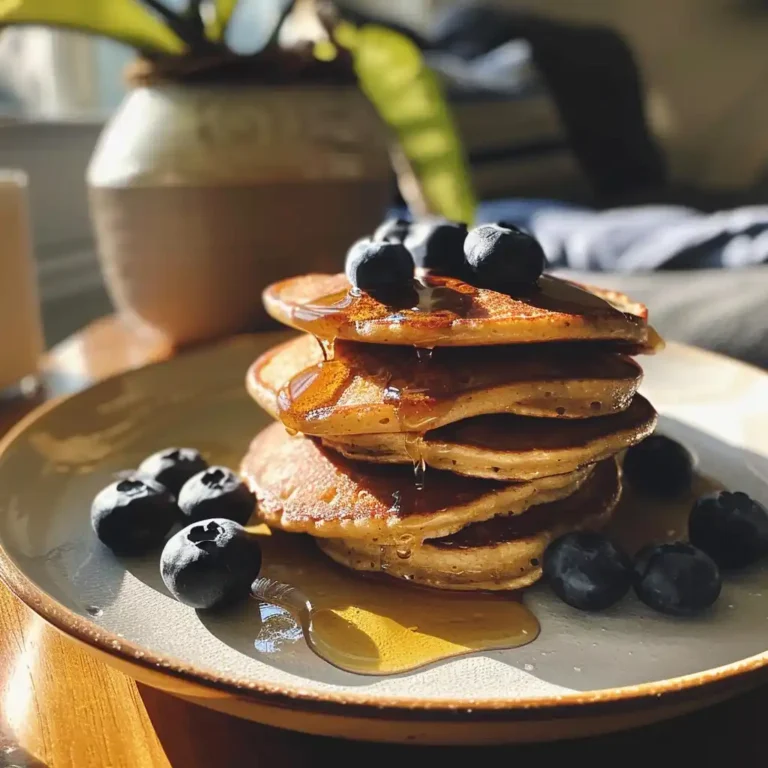 Friendly Low Histamine Pancakes (No Eggs No Dairy All Nourishment) 4 Plate of hormone-friendly low histamine pancakes with banana slices, maple syrup, and coconut yogurt
