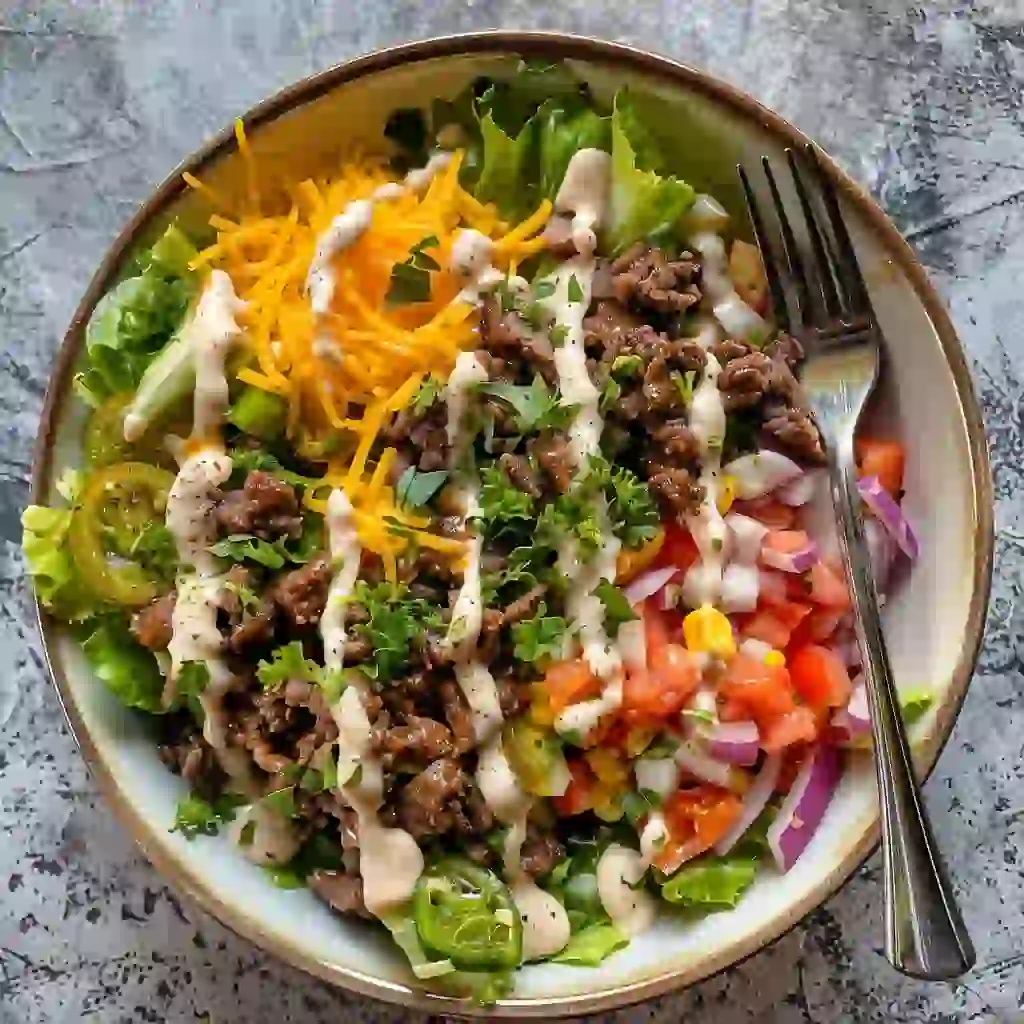 Plated keto cheeseburger salad with all toppings and dressing, fork on the side