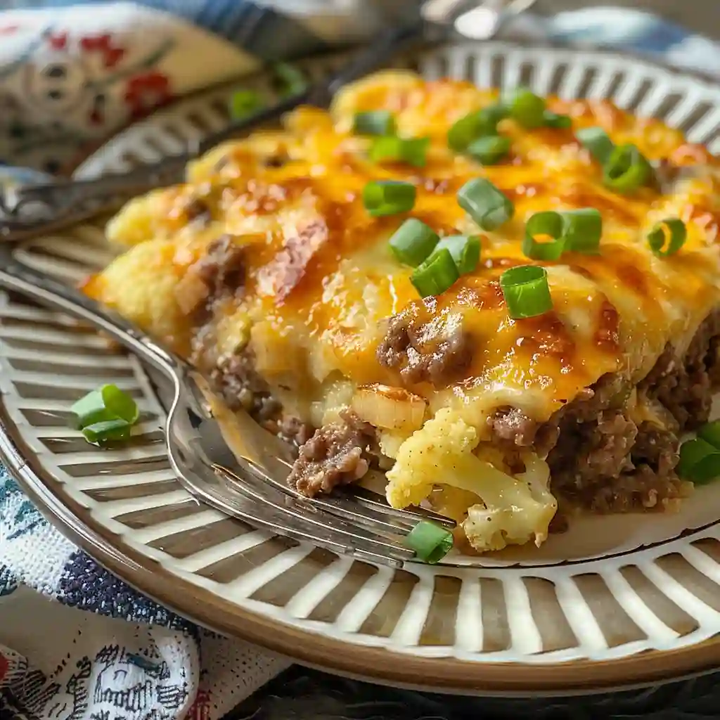 Plated serving of cheesy beef and cauliflower bake with melted cheese and green onions