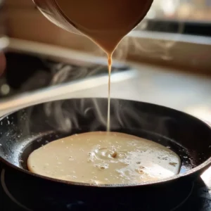 Pouring Millville protein pancake batter into a skillet