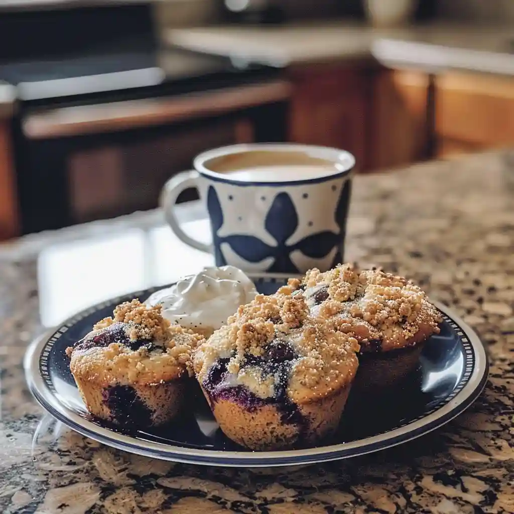 protein-blueberry-coffee-cake-muffins-feature Protein-packed blueberry coffee cake muffins with golden cinnamon streusel on a ceramic plate