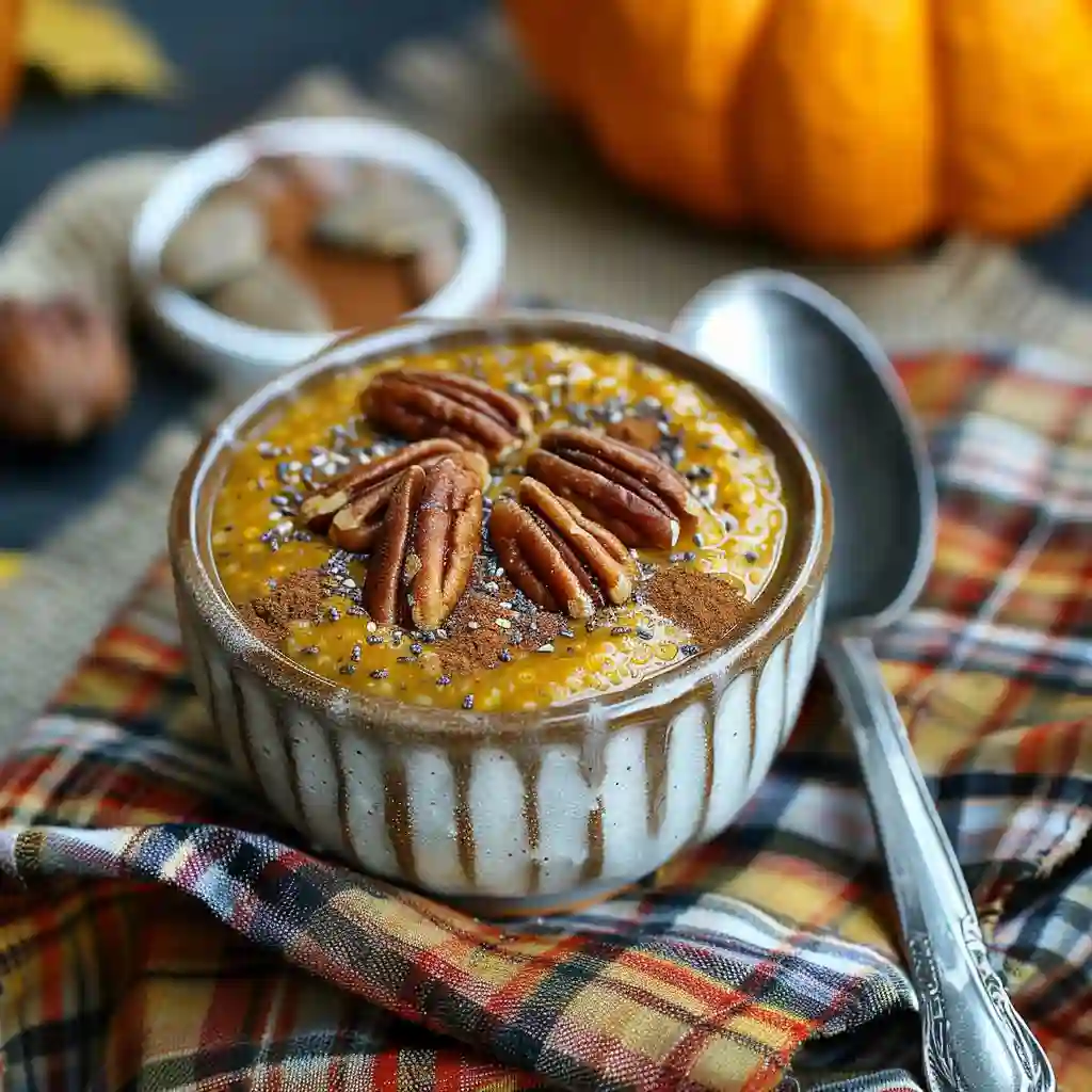 pumpkin-chia-pudding-serving-suggestion Pumpkin chia pudding in a bowl topped with pecans and cinnamon