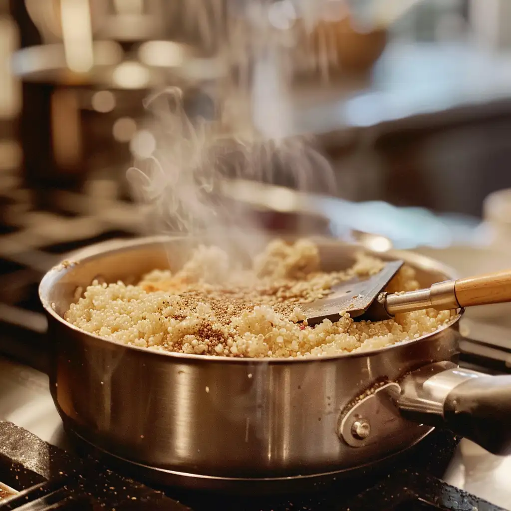cooking-ayurvedic-quinoa Quinoa cooking with almond milk and spices in a small saucepan