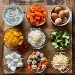 Raw ingredients for high-protein tater tot casserole on a wooden counter