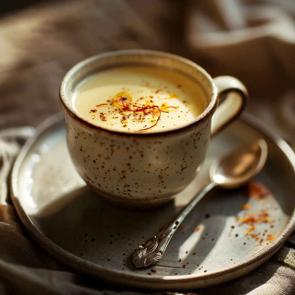 Saffron latte bomb served in a cozy ceramic mug with saffron threads and spices
