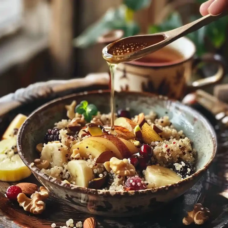 Ayurvedic Spiced Quinoa Breakfast Bowl 2 Served Ayurvedic quinoa bowl with honey drizzle and herbal tea