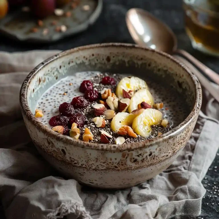Ayurvedic Chia Pudding – A Nourishing and Balanced Start to Your Day 4 Served bowl of Ayurvedic chia pudding with stewed fruit and ghee, ready to enjoy with herbal tea
