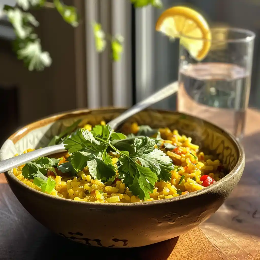 mung-bean-kitchari-serving Served mung bean kitchari with cilantro and lemon on the side