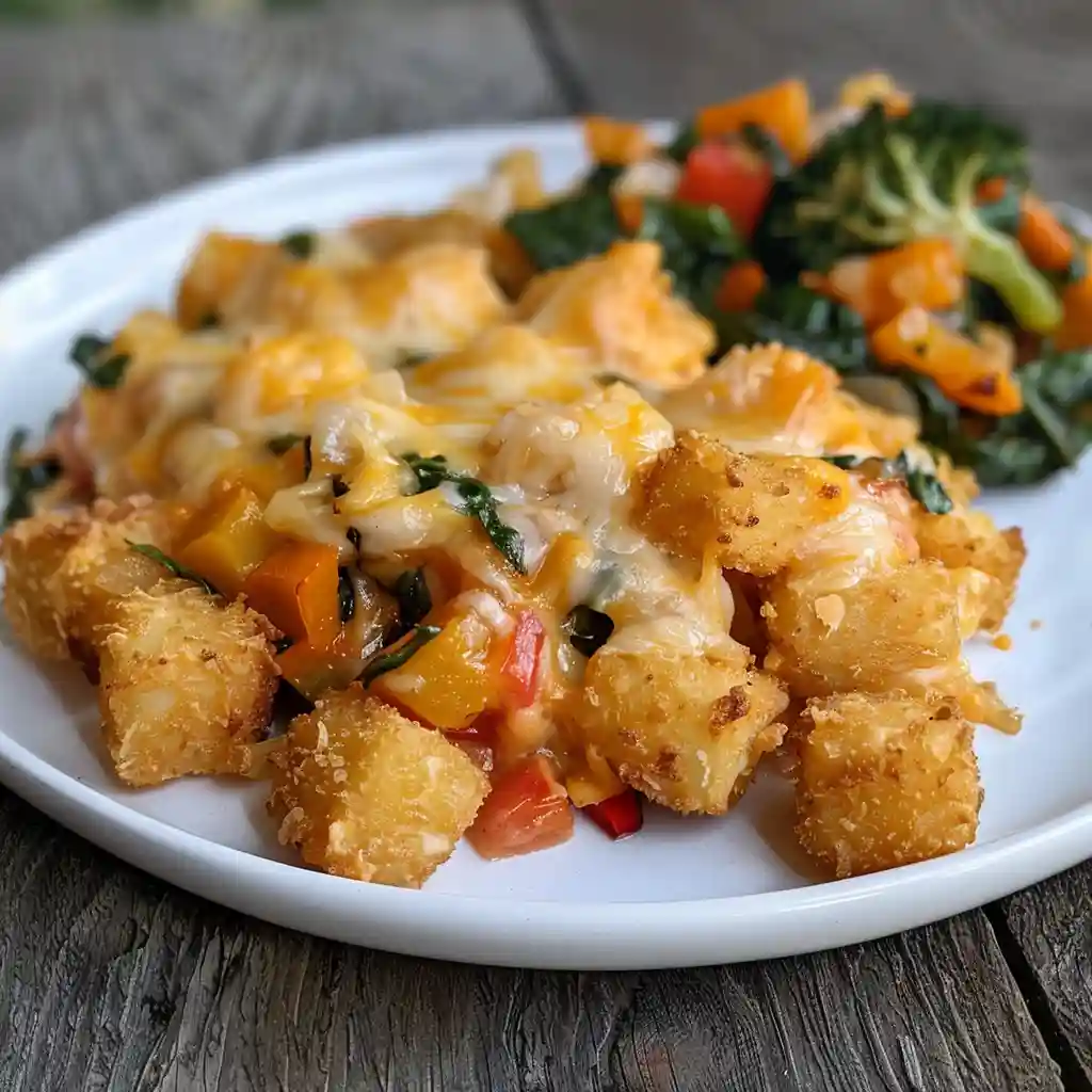 high-protein-tater-tot-casserole-serving Served slice of high-protein tater tot casserole with a crispy topping and side salad