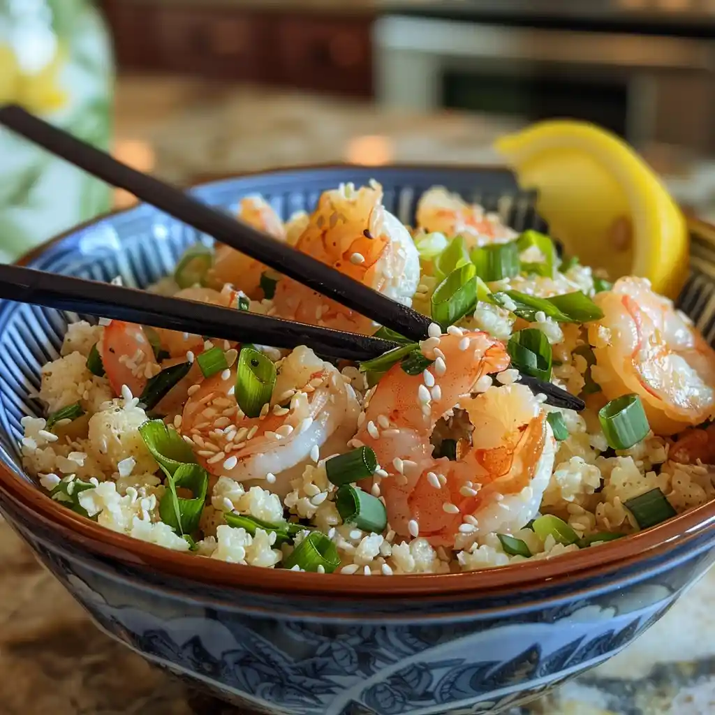 shrimp-stirfry-serving Mounjaro-Friendly Protein-Packed Lunch Shrimp cauliflower stir-fry served hot with sesame seeds and chopsticks