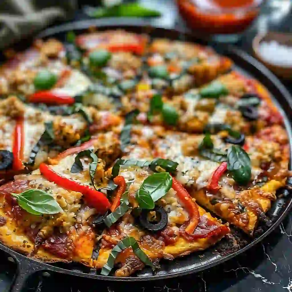 Sliced keto chicken crust pizza plated with basil garnish