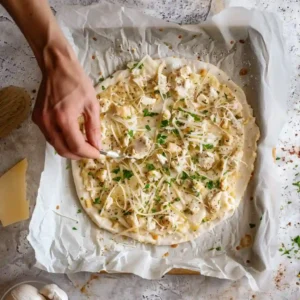 Spreading chicken mixture into a pizza crust on baking sheet